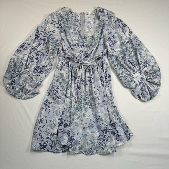 limelush Dresses & Skirts - Limelush Bubble Sleeve Floral Mini Dress Womens Size L Blue White V Neck Cut Out